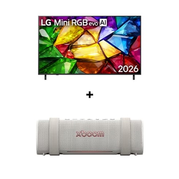 Vista frontal de 65 " LG Mini RGB evo AI MRGB85 4K Smart TV 2026 + LG xboom Grab by will.i.am | Parlantes Bluetooth | Sonido xboom con la máxima portabilidad 65MR85GRAB